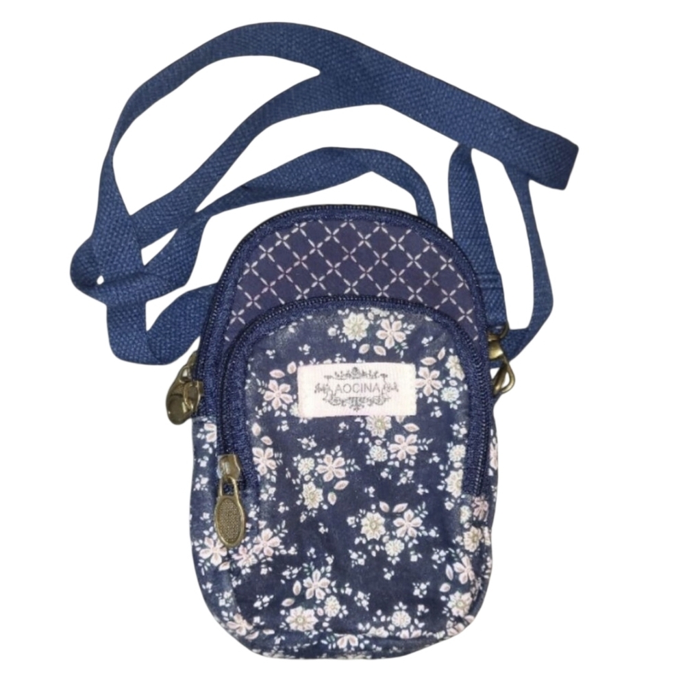 Crossbody Cell Phone Purse Pouch Bag Floral Purse Navy Blue Soft Travel Vacation